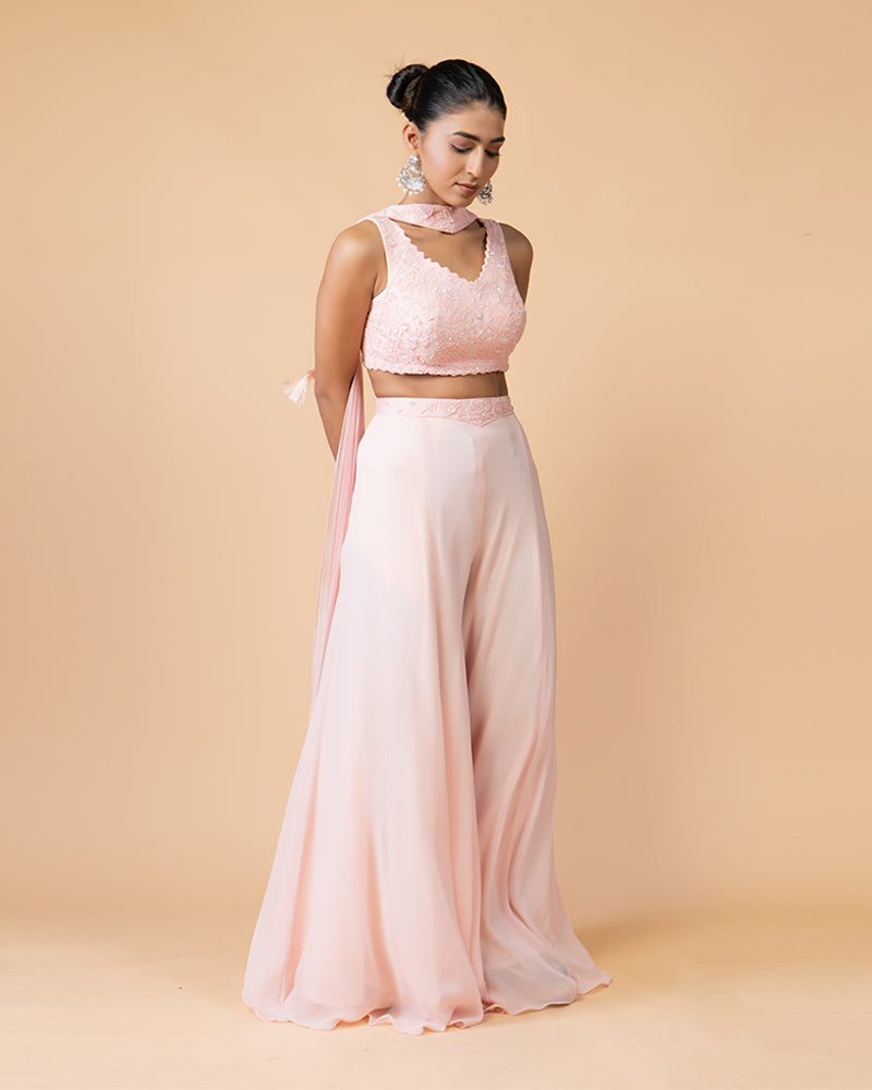 Light Pink Palazzo Set with Embellished Crop Top and Neck-Detail Dupatta