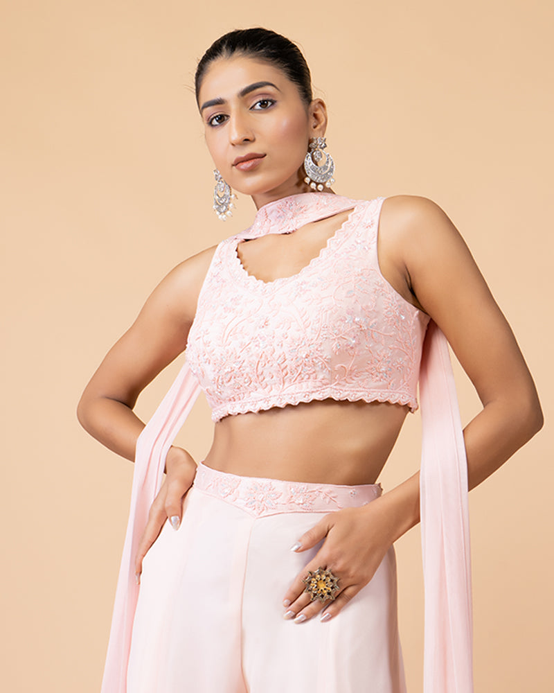 Light Pink Palazzo Set with Embellished Crop Top and Neck-Detail Dupatta