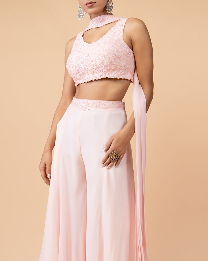 Light Pink Palazzo Set with Embellished Crop Top and Neck-Detail Dupatta