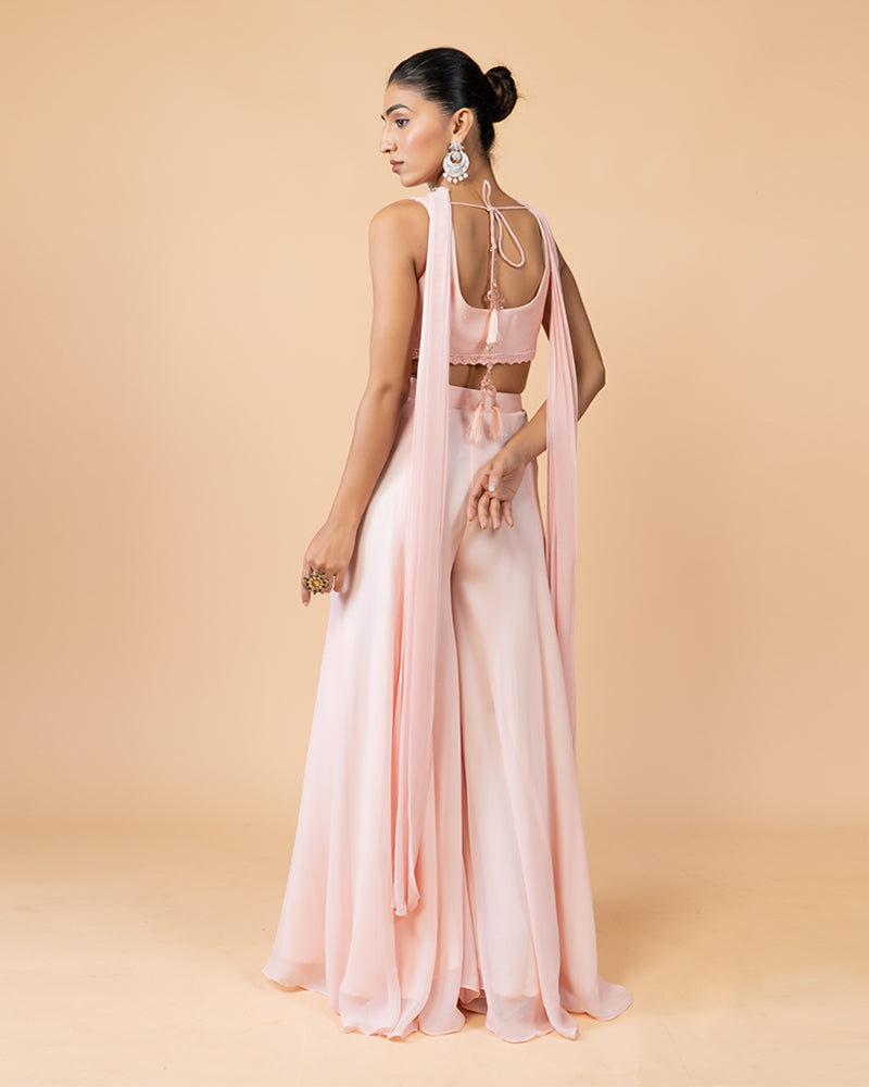 Light Pink Palazzo Set with Embellished Crop Top and Neck-Detail Dupatta