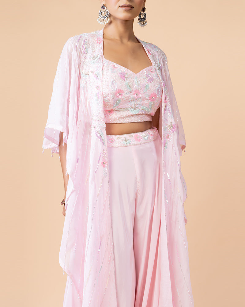 Light Pink Palazzo with Crop Top and Stylish Shrug Jacket