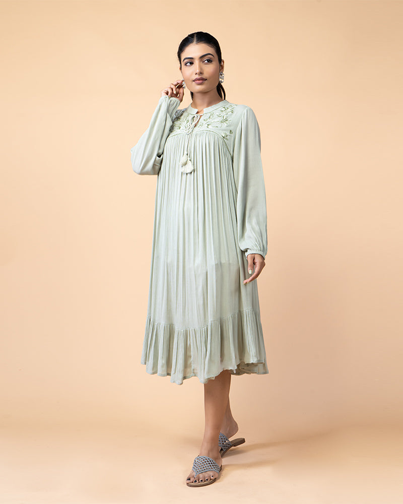 Light Pista Green Knee length Dress Your Go-To for Effortless Charm and Cozy Vibes