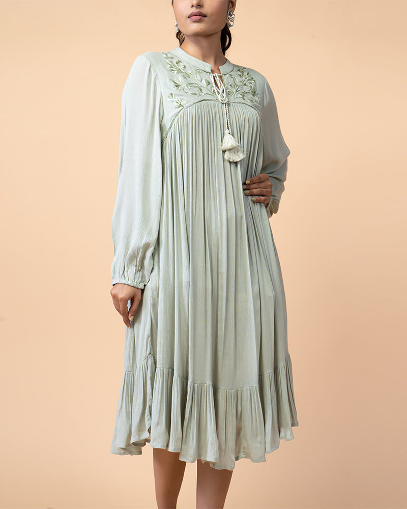 Light Pista Green Knee length Dress Your Go-To for Effortless Charm and Cozy Vibes