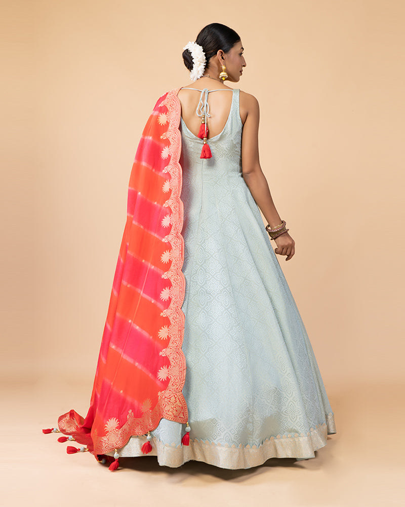 Light Teal Anarkali Suit with Red pink Contrast Dupatta