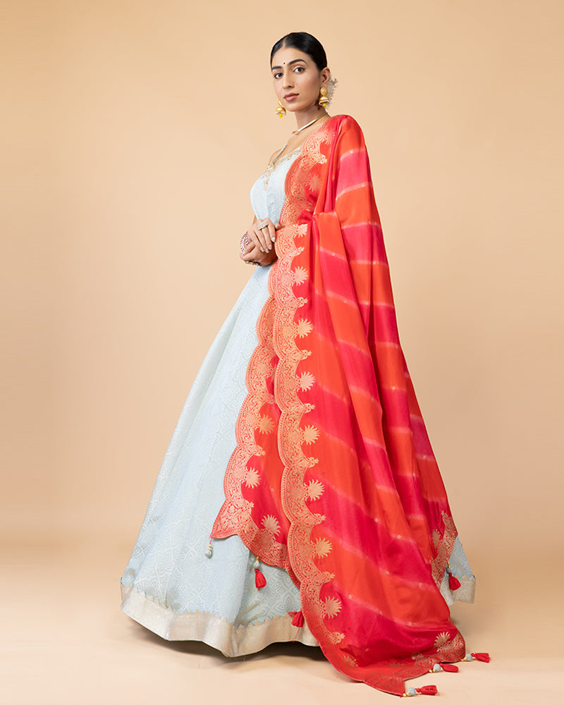 Light Teal Anarkali Suit with Red pink Contrast Dupatta