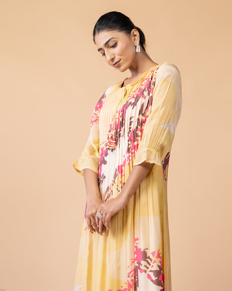 Light Yellow Floral Print Maxi Dress