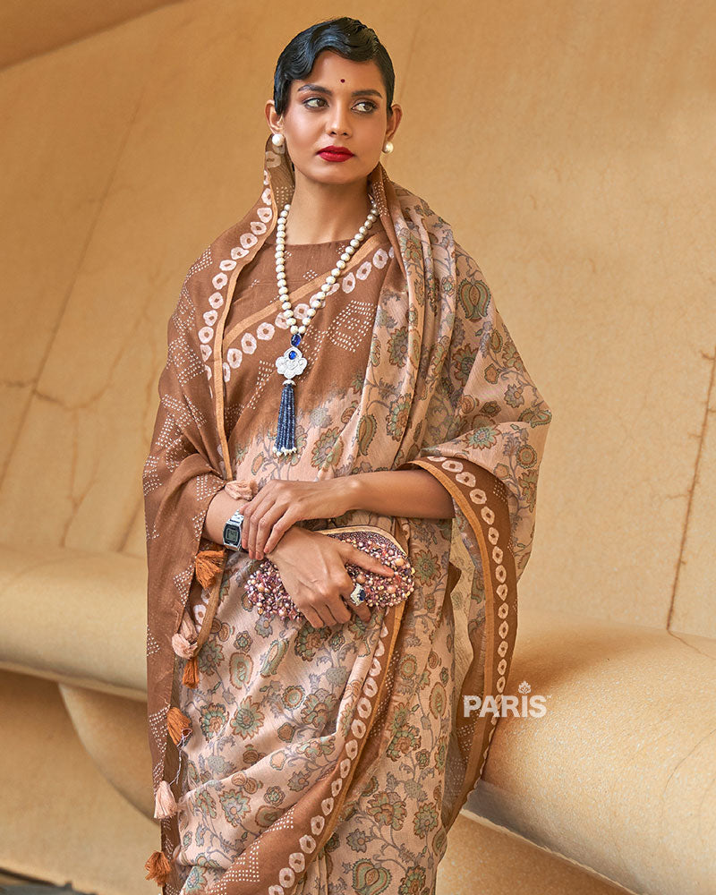 Light Beige Floral Printed Cotton Saree with Unstitched Blouse 02
