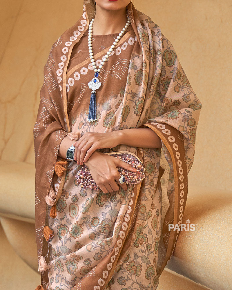 Light Beige Floral Printed Cotton Saree with Unstitched Blouse 03