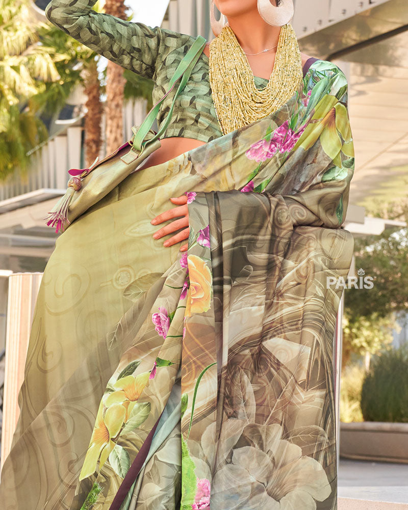 Light Beige and Multicolor Digital Print Satin Saree with Unstitched Blouse 03