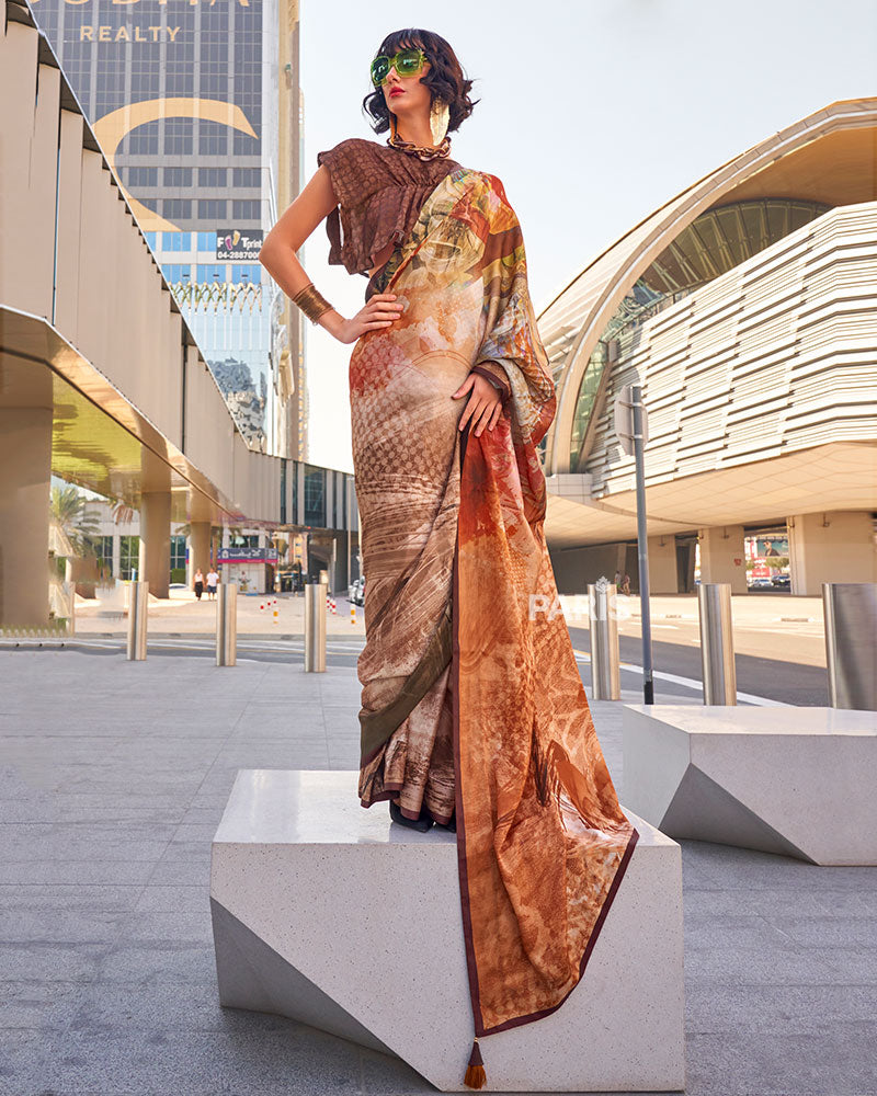 Light Brown Digital Print Satin Saree with Unstitched Blouse 01