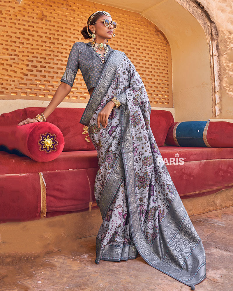 Light Gray Floral Printed Silk Saree with Unstitched Blouse 01