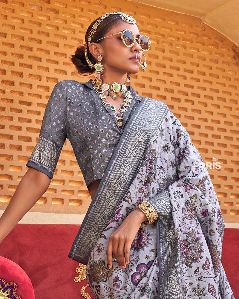 Light Gray Floral Printed Silk Saree with Unstitched Blouse 02