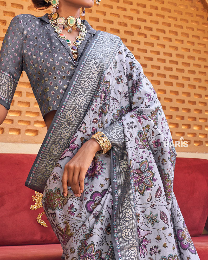 Light Gray Floral Printed Silk Saree with Unstitched Blouse 03
