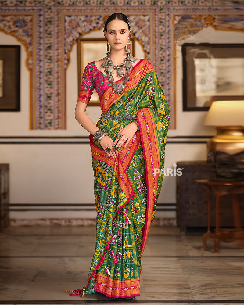 Light Green Printed Patola Silk Saree with Unstitched Blouse 01