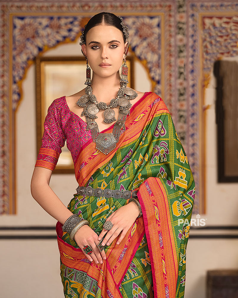 Light Green Printed Patola Silk Saree with Unstitched Blouse 02