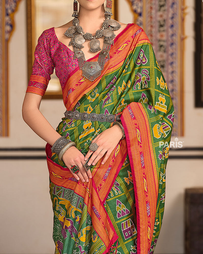 Light Green Printed Patola Silk Saree with Unstitched Blouse 03