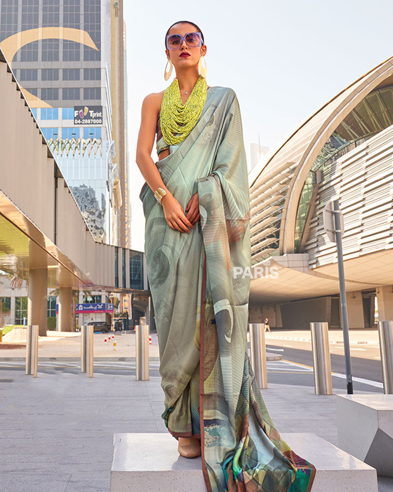 Light Grey Digital Print Satin Saree with Unstitched Blouse 01