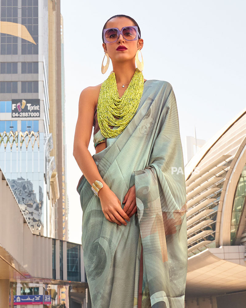 Light Grey Digital Print Satin Saree with Unstitched Blouse 02