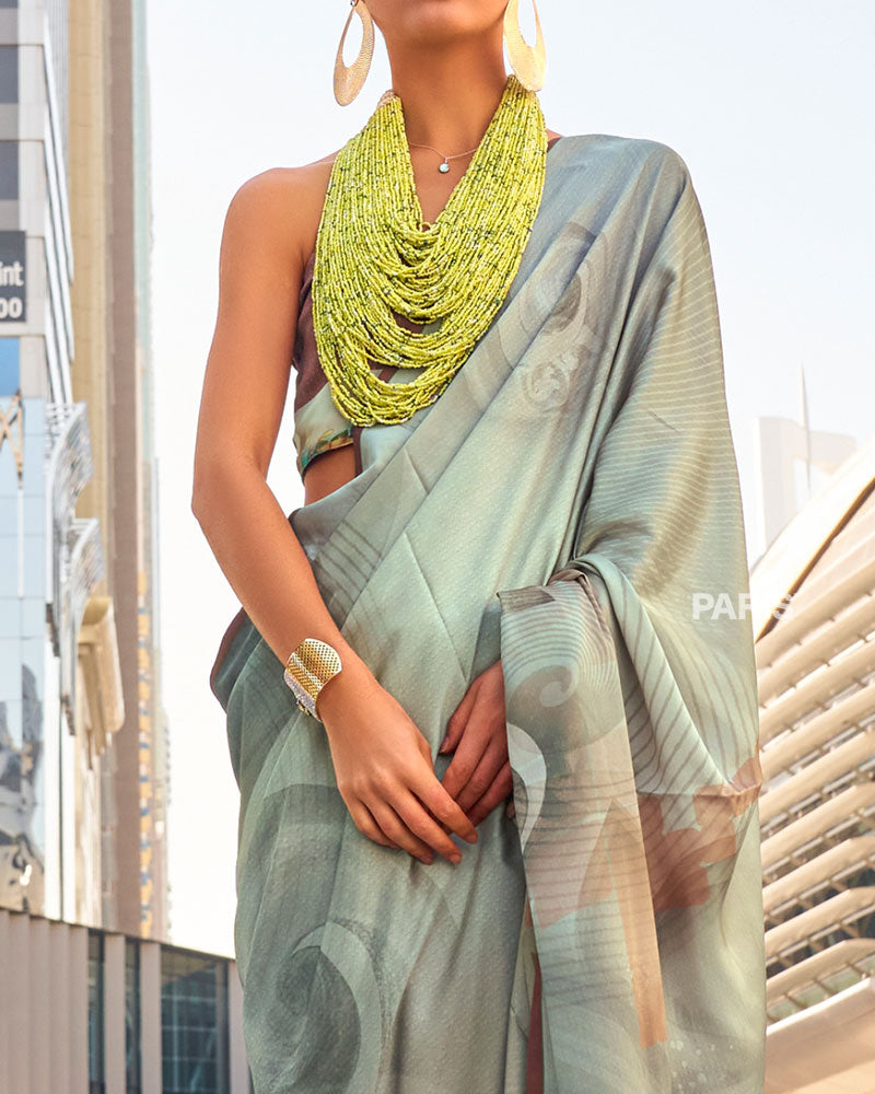 Light Grey Digital Print Satin Saree with Unstitched Blouse 03