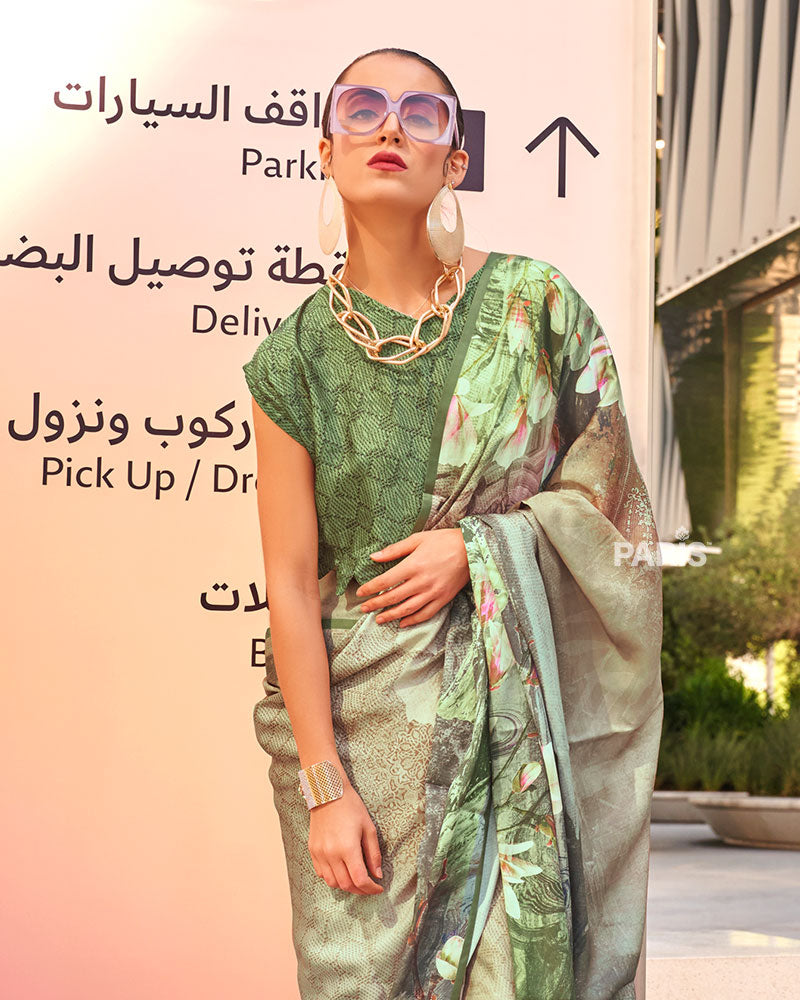 Light Olive Green Digital Print Satin Saree with Unstitched Blouse 01