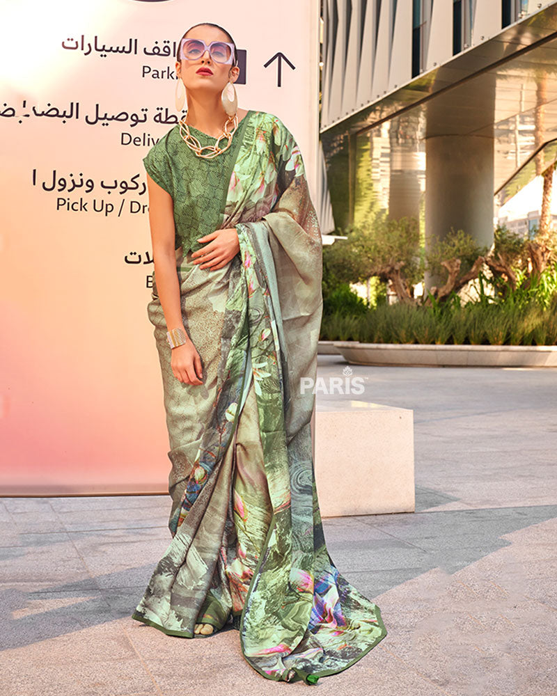 Light Olive Green Digital Print Satin Saree with Unstitched Blouse 03