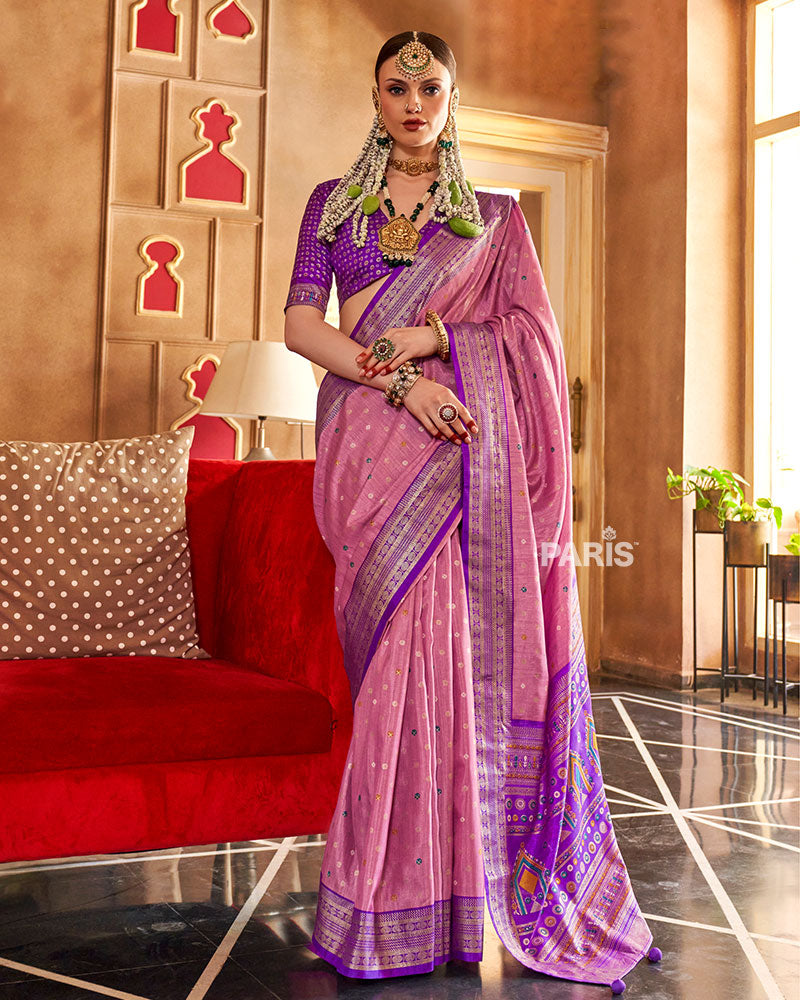 Light Pink and Purple Foil Printed Patola Saree with Unstitched Blouse 01