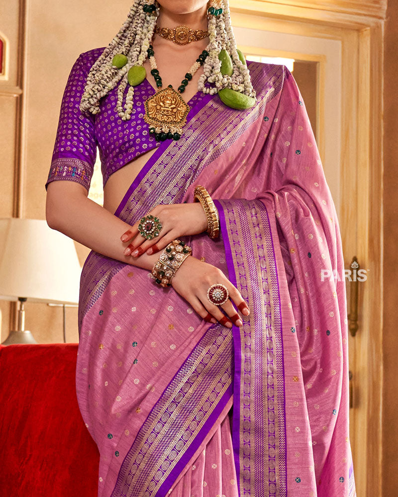 Light Pink and Purple Foil Printed Patola Saree with Unstitched Blouse 03