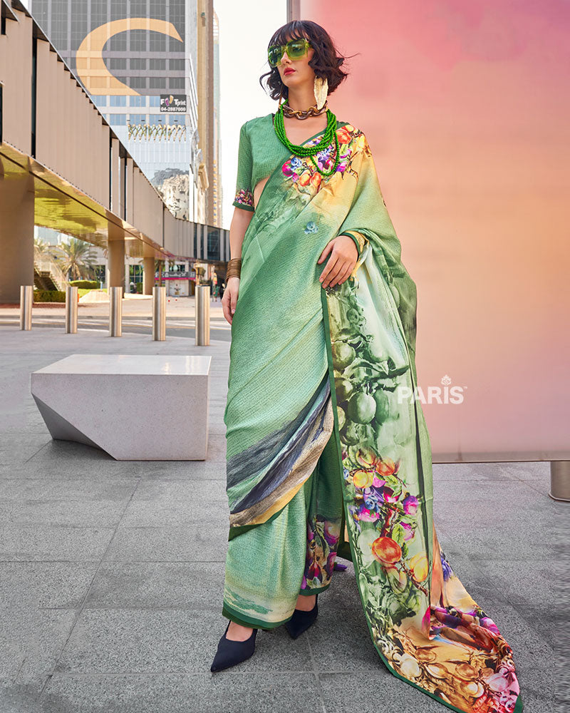 Light Sage Green Digital Print Satin Saree with Unstitched Blouse 01