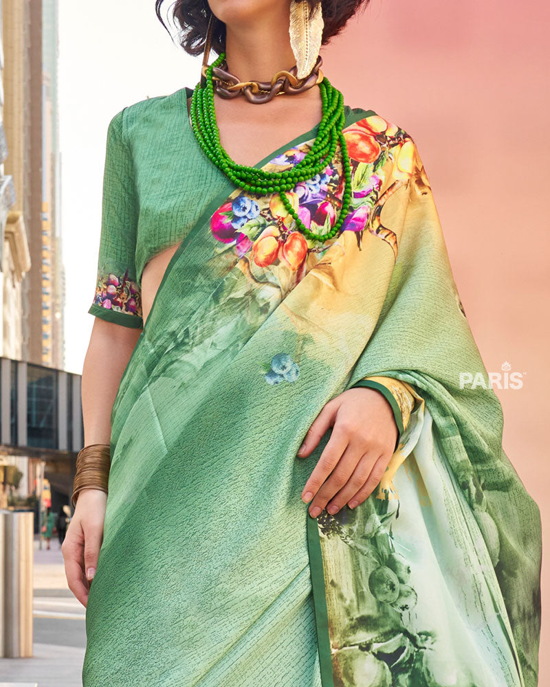 Light Sage Green Digital Print Satin Saree with Unstitched Blouse 03