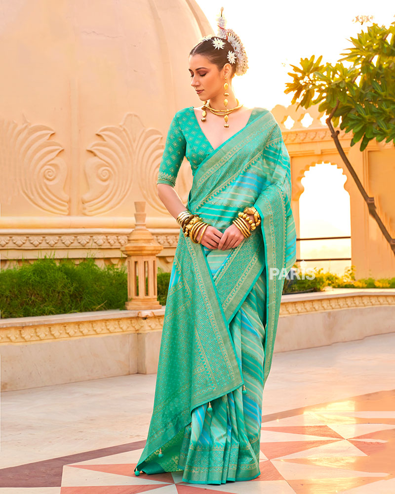 Light Teal Printed Silk Saree with Unstitched Blouse 01