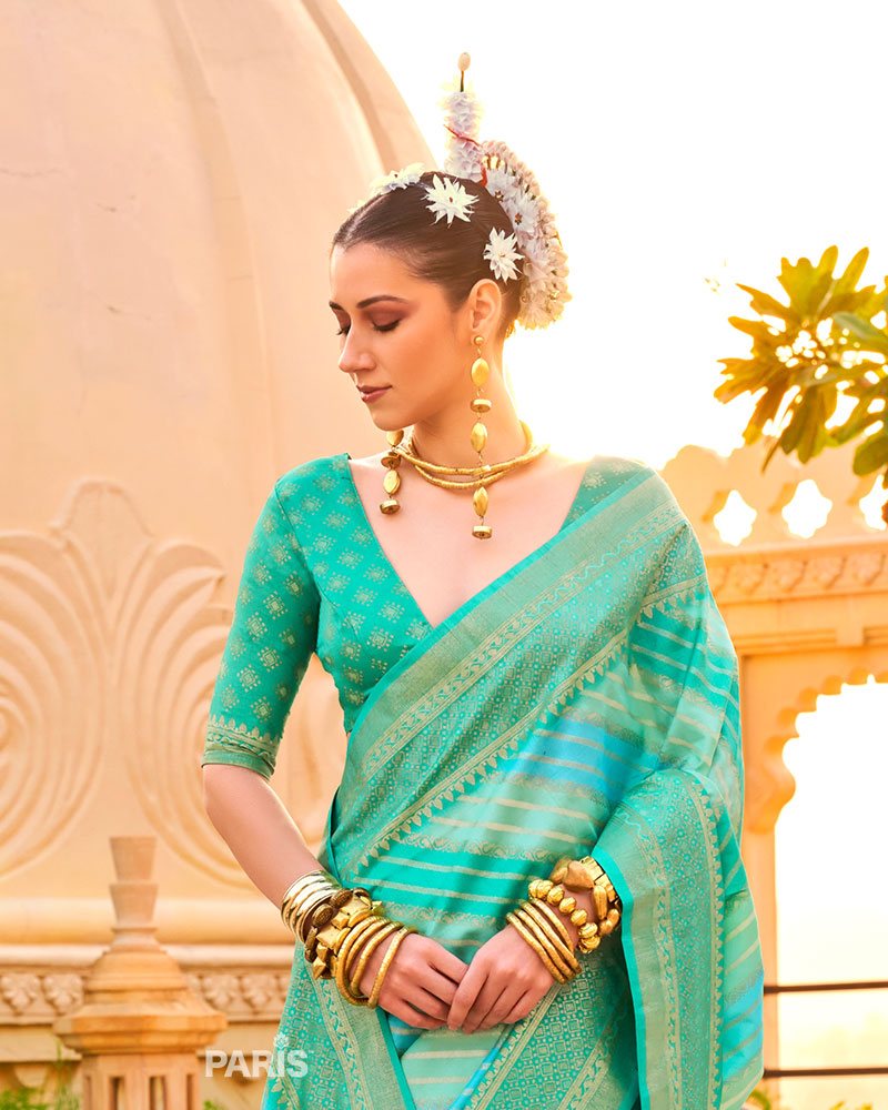 Light Teal Printed Silk Saree with Unstitched Blouse 02