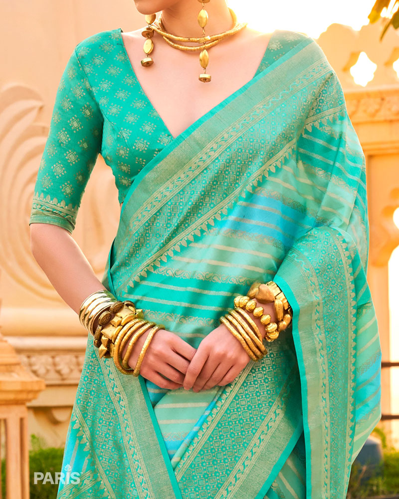 Light Teal Printed Silk Saree with Unstitched Blouse 03