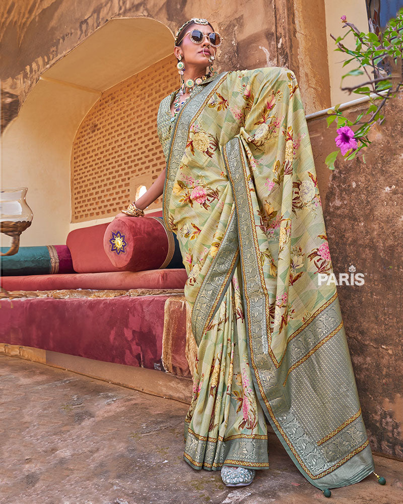 Light Yellow Floral Printed Silk Saree with Unstitched Blouse 01