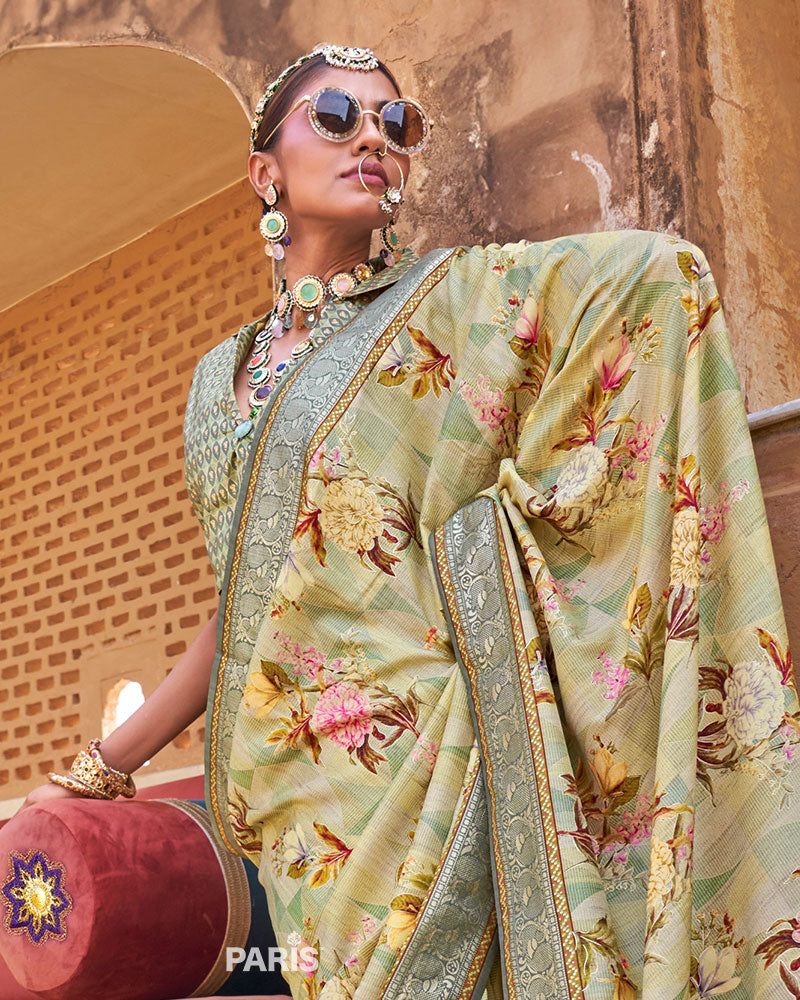 Light Yellow Floral Printed Silk Saree with Unstitched Blouse 02