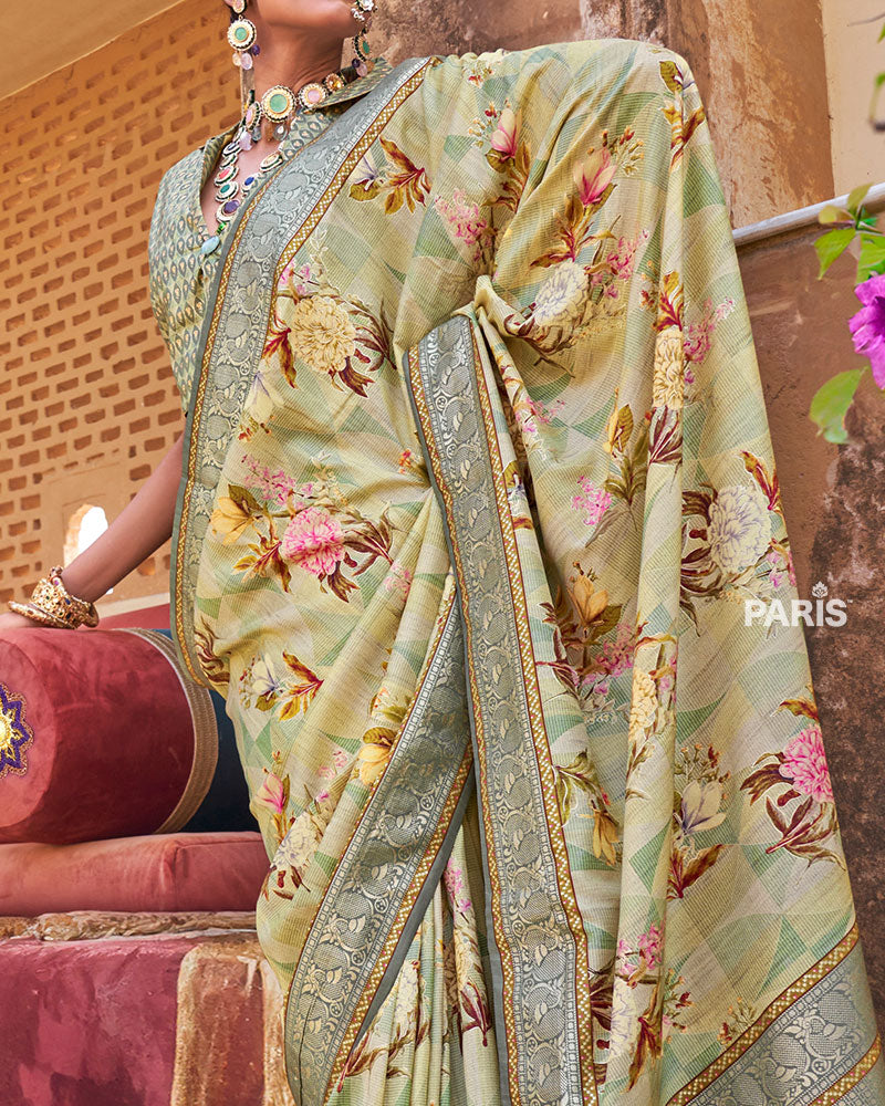 Light Yellow Floral Printed Silk Saree with Unstitched Blouse 03