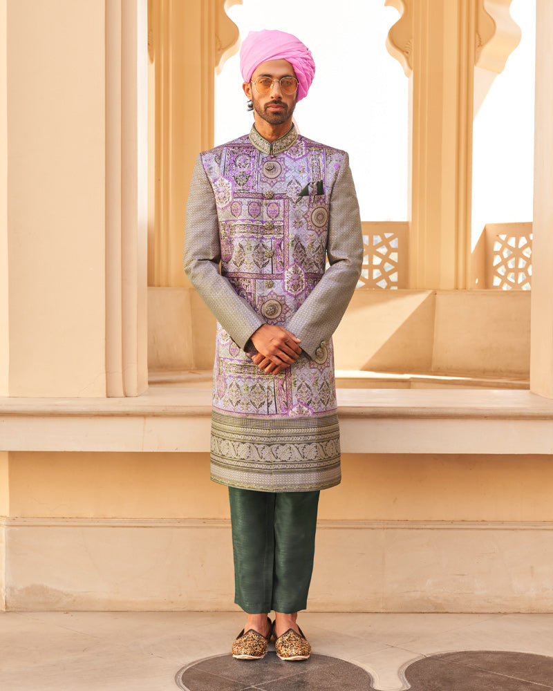 Lilac Anarkali Dress and Men Blue Kurta Set with Printed Coat