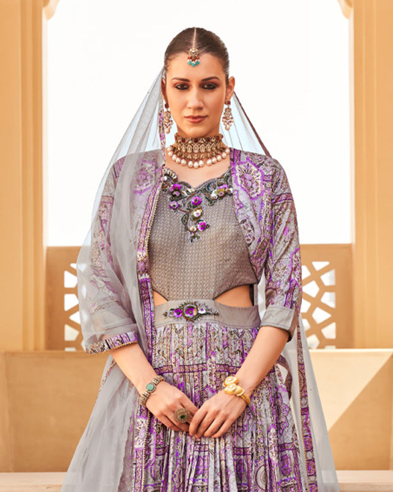 Lilac Anarkali Dress and Men Blue Kurta Set with Printed Coat