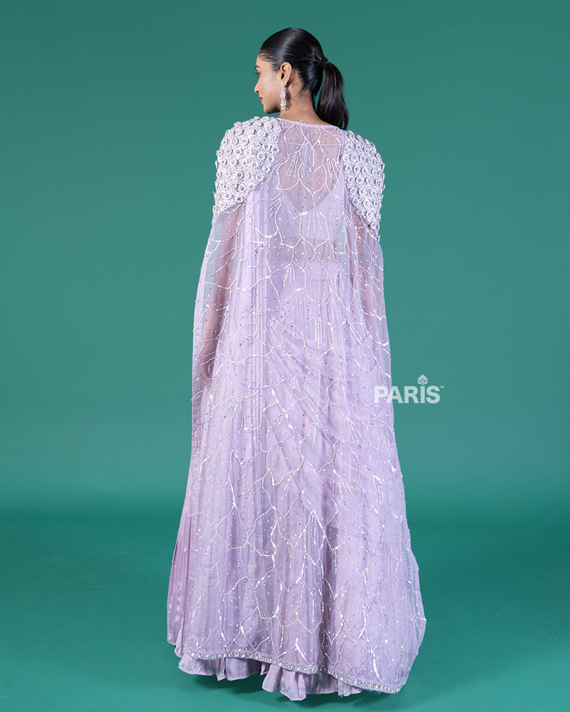 Lilac Pleated Lehenga Embellished Choli with Cape Overlay and Draped Dupatta 05