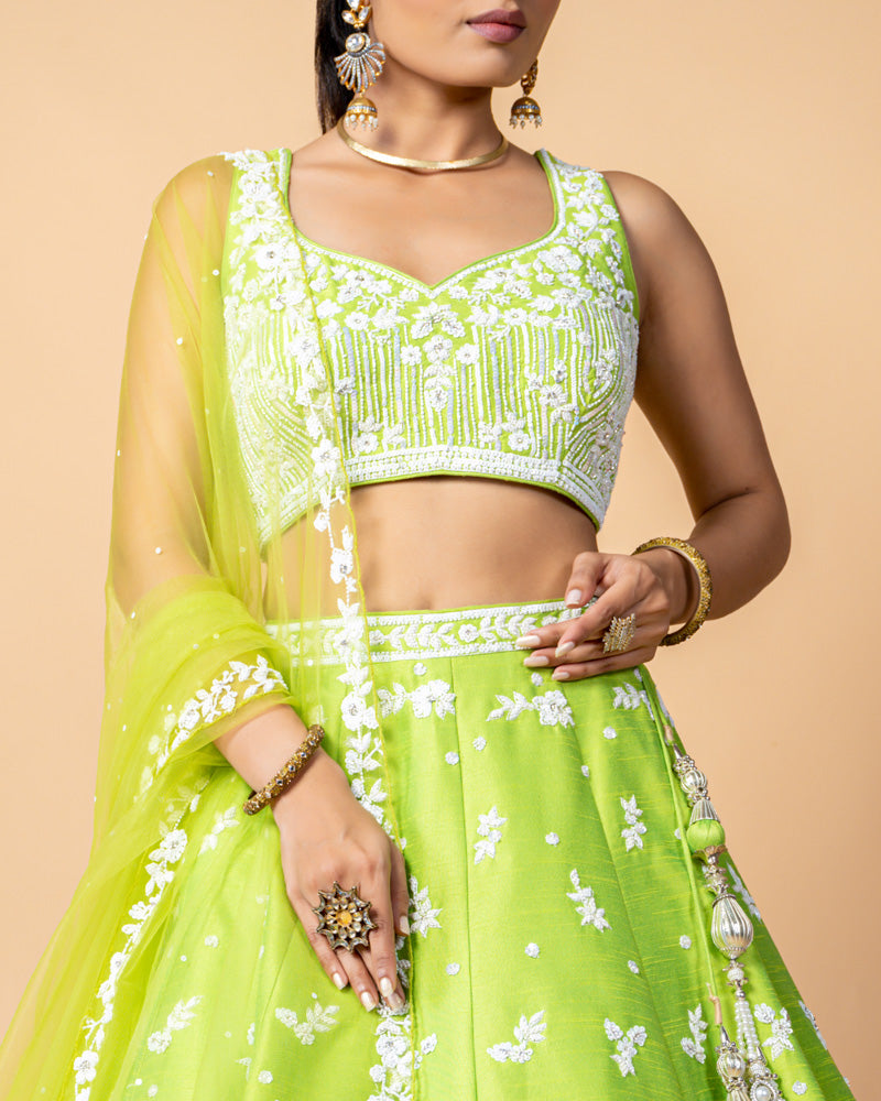 Lime Green Designer Embroidered Lehenga Choli with Net Dupatta