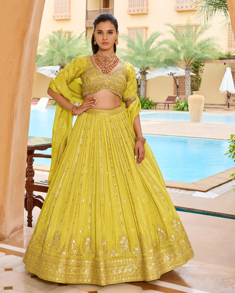 Lime Yellow Designer Embroidered Lehenga Set with Dupatta