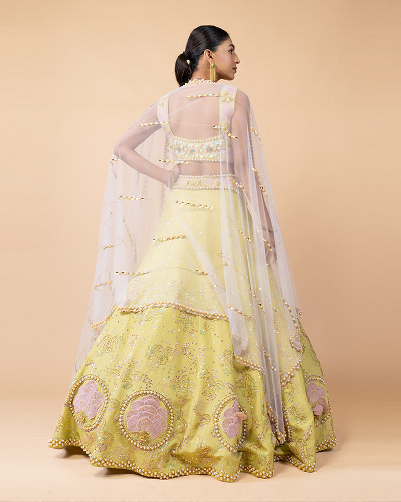 Lime Yellow Lehenga Choli Embellished with Hand Work and Net Dupatta