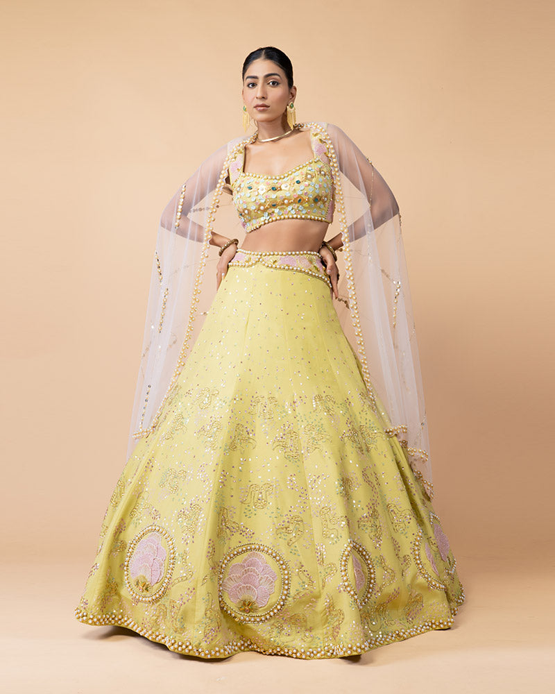 Lime Yellow Lehenga Choli Embellished with Hand Work and Net Dupatta