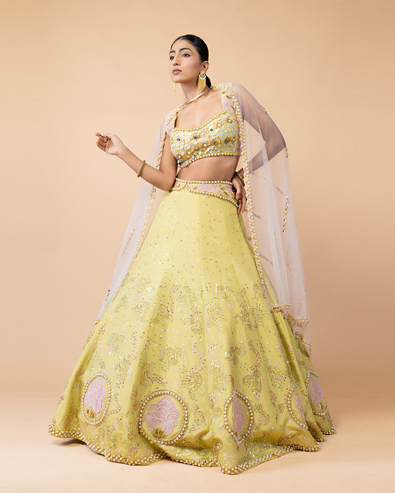 Lime Yellow Lehenga Choli Embellished with Hand Work and Net Dupatta