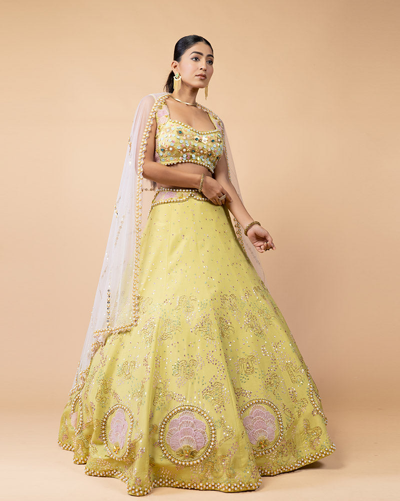 Lime Yellow Lehenga Choli Embellished with Hand Work and Net Dupatta