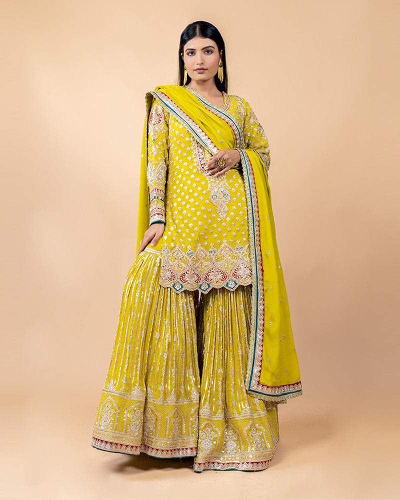 Lime Yellow Palazzo Suit with Sequins and Zari work