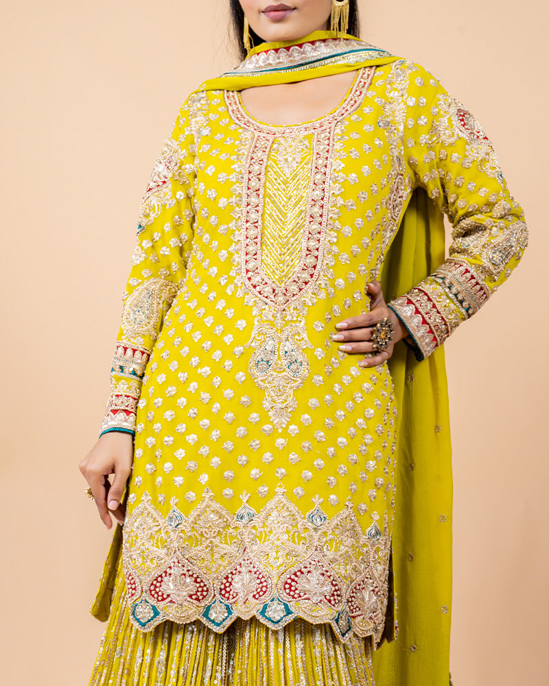 Lime Yellow Palazzo Suit with Sequins and Zari work