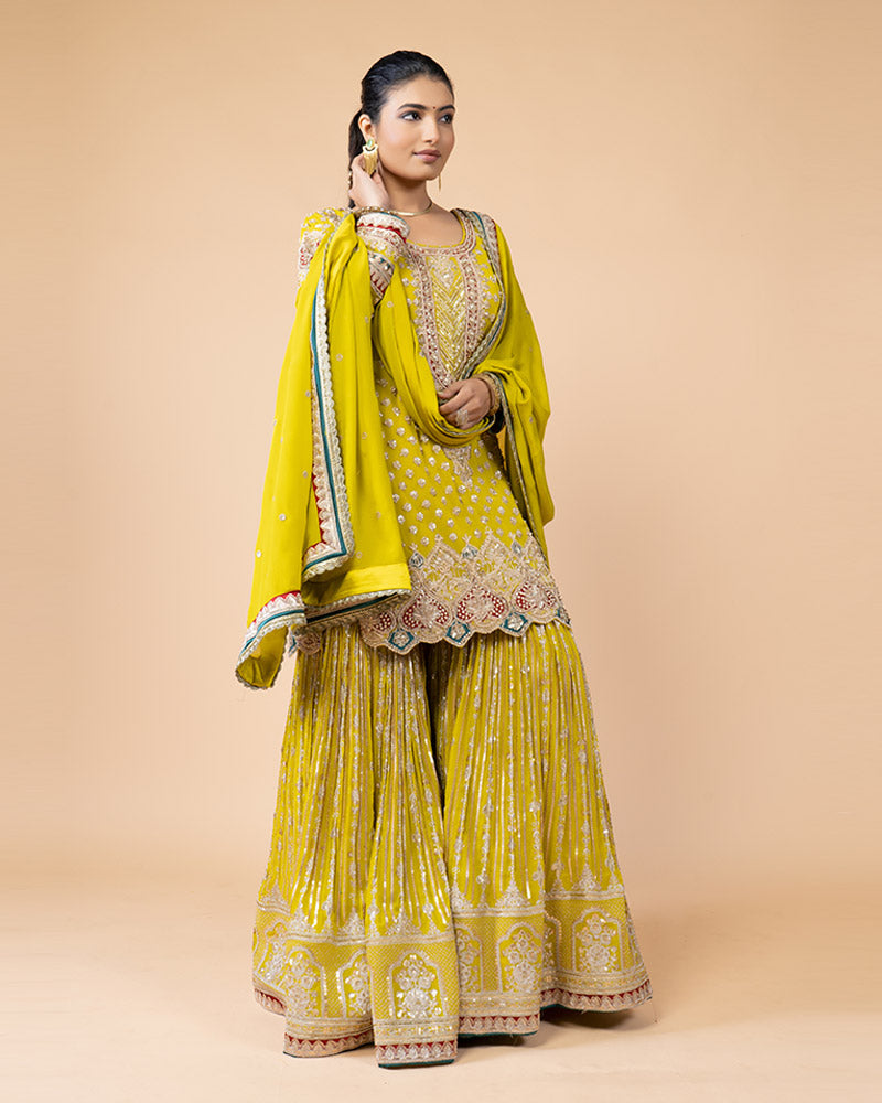 Lime Yellow Palazzo with Plum Top Draped with Dupatta