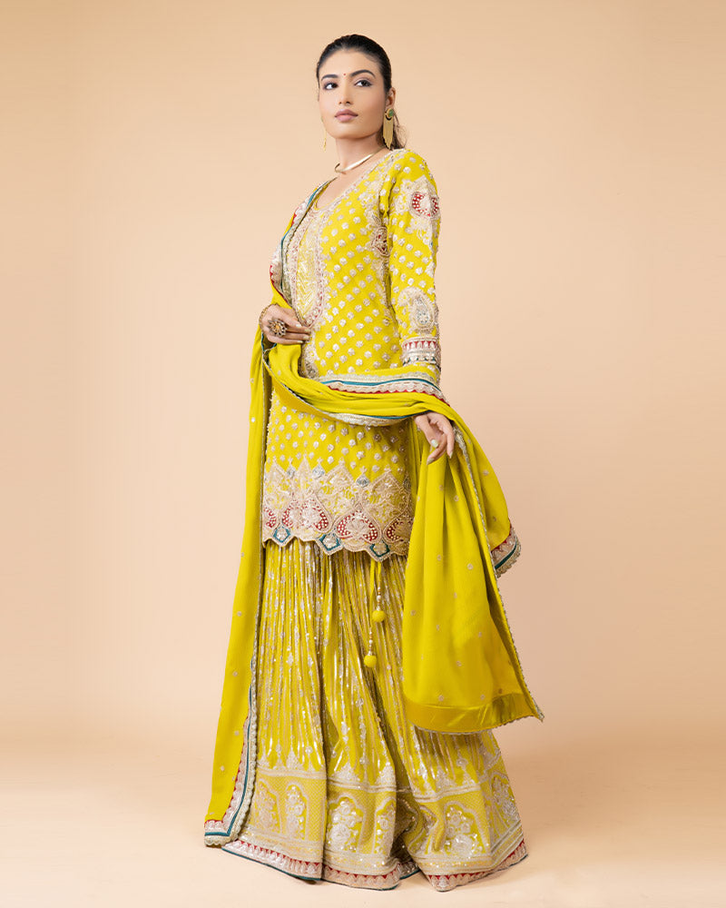 Lime Yellow Palazzo with Plum Top Draped with Dupatta