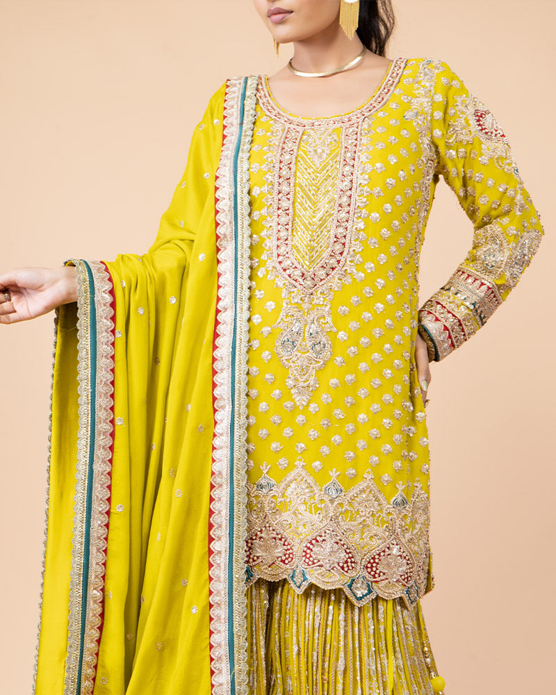 Lime Yellow Palazzo with Plum Top Draped with Dupatta