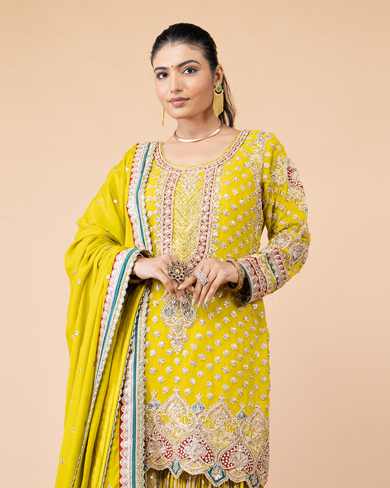 Lime Yellow Palazzo with Plum Top Draped with Dupatta